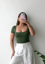 Size S, Olive Square Neck Half Sleeve Bodysuit