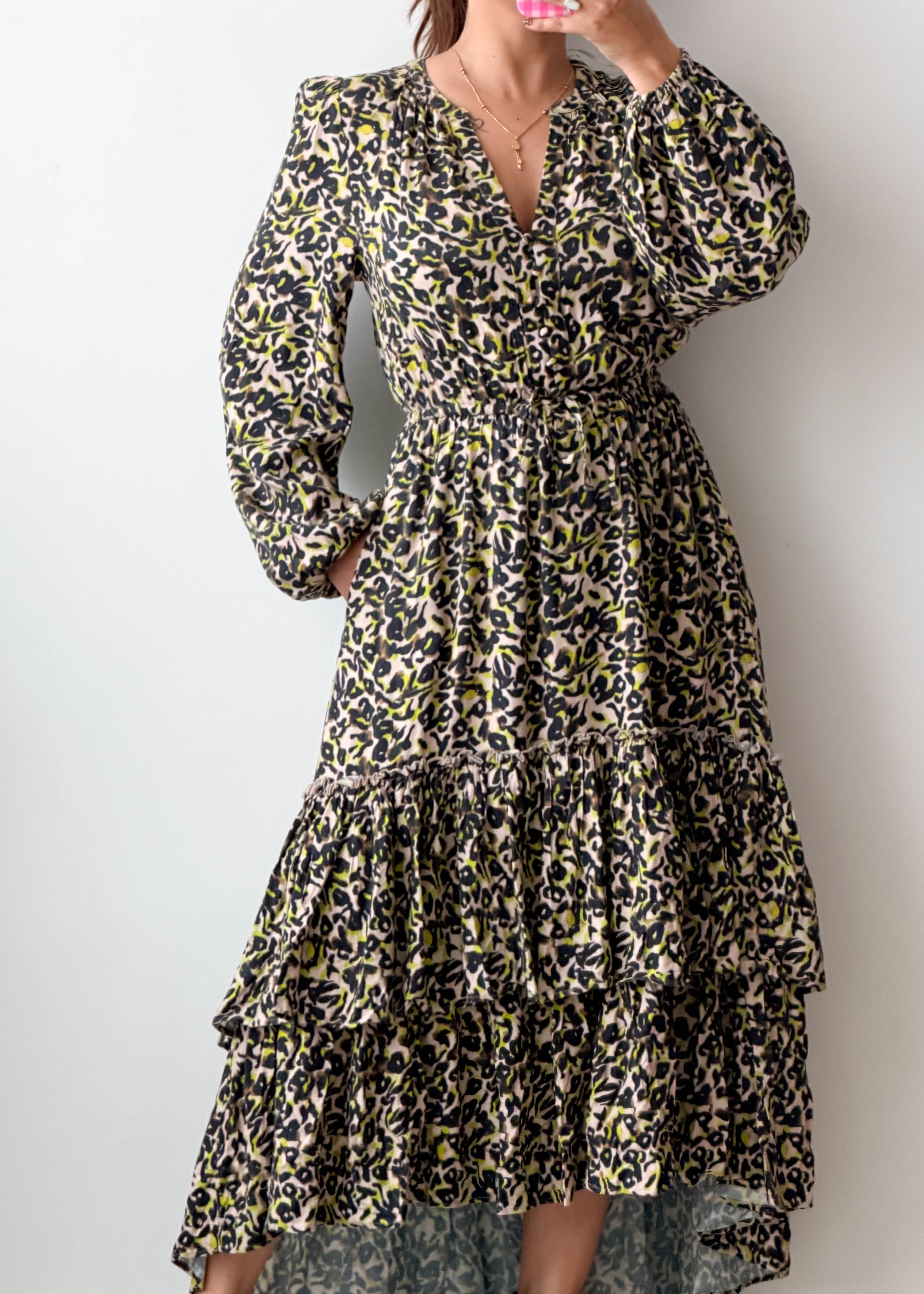 Size S-M Olive Leopard Print Tiered Maxi Dress