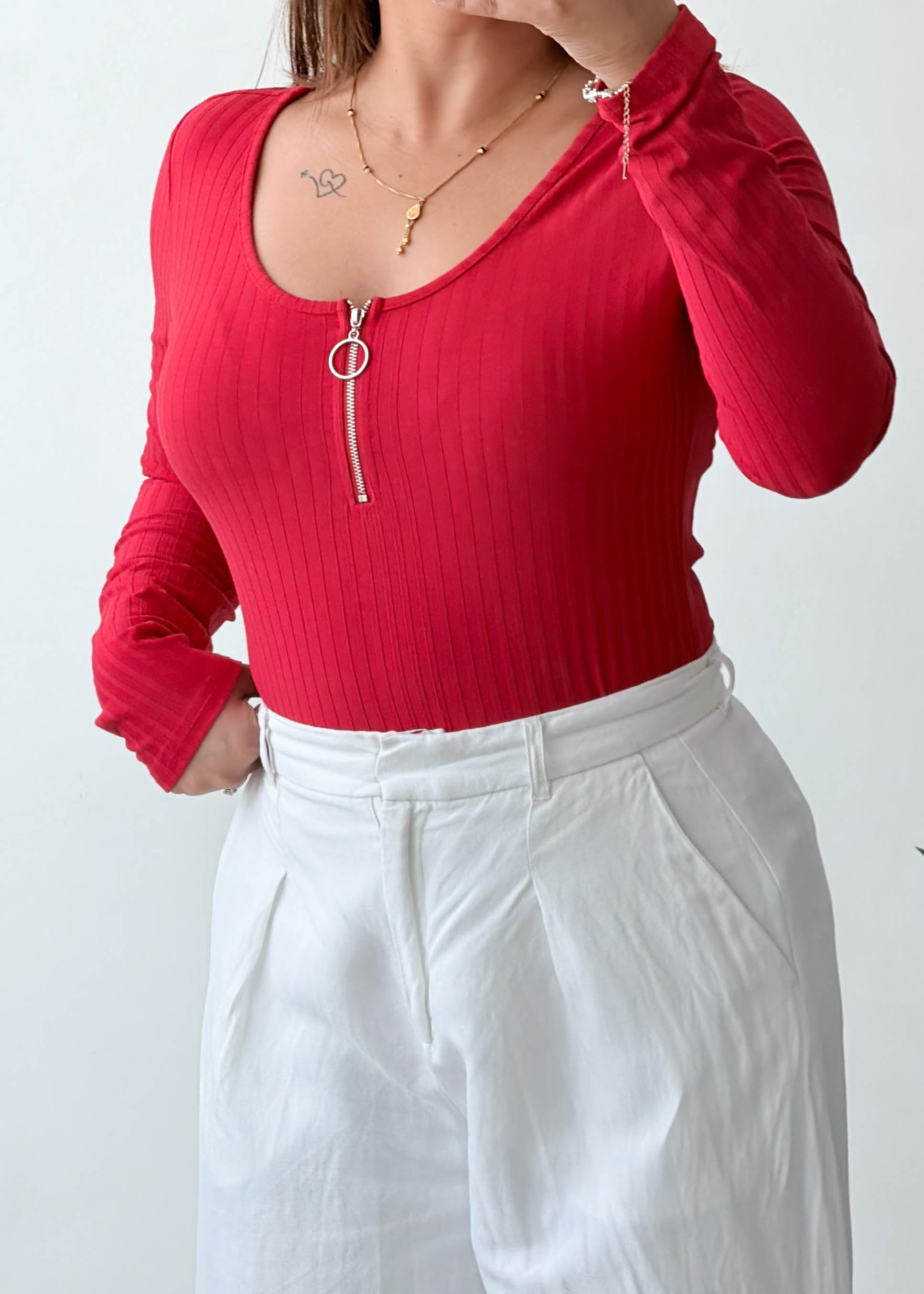 Size M-L Red Zip Front Ribbed Bodysuit
