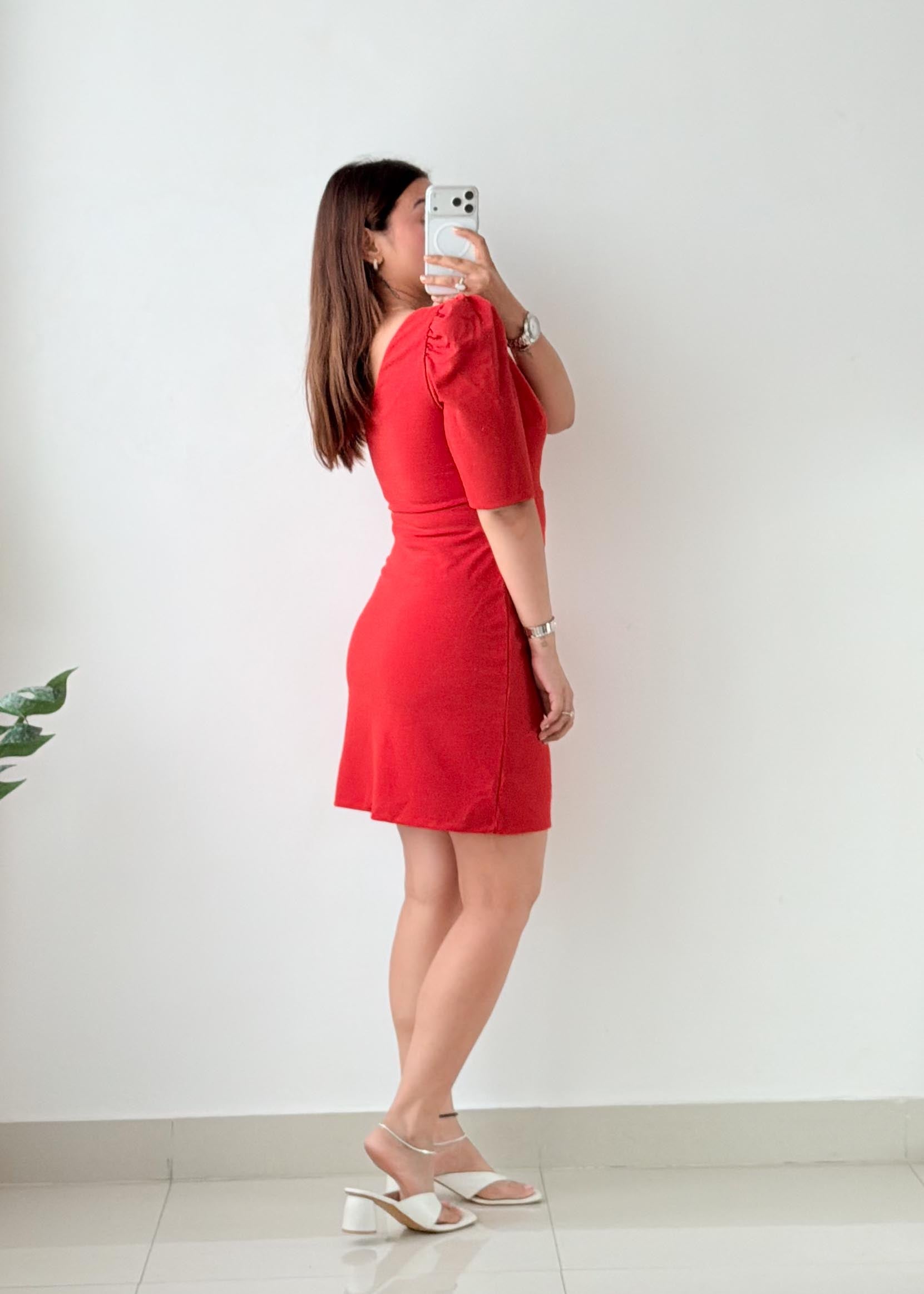 Size M-L Red Puff Sleeve Mini Dress