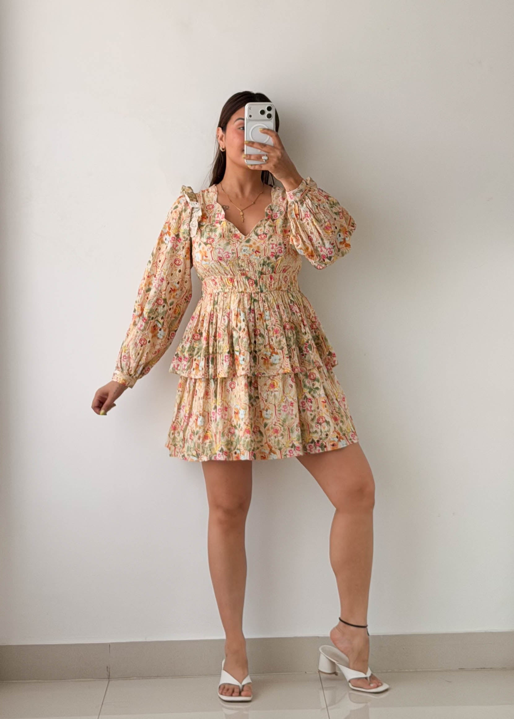 Size S-M Cream Floral Tiered Mini Dress
