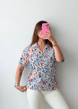 Size S-M Blue Orange Floral Print Shirt Top
