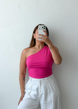 Size S-M Fuchsia One Shoulder Ruched Top