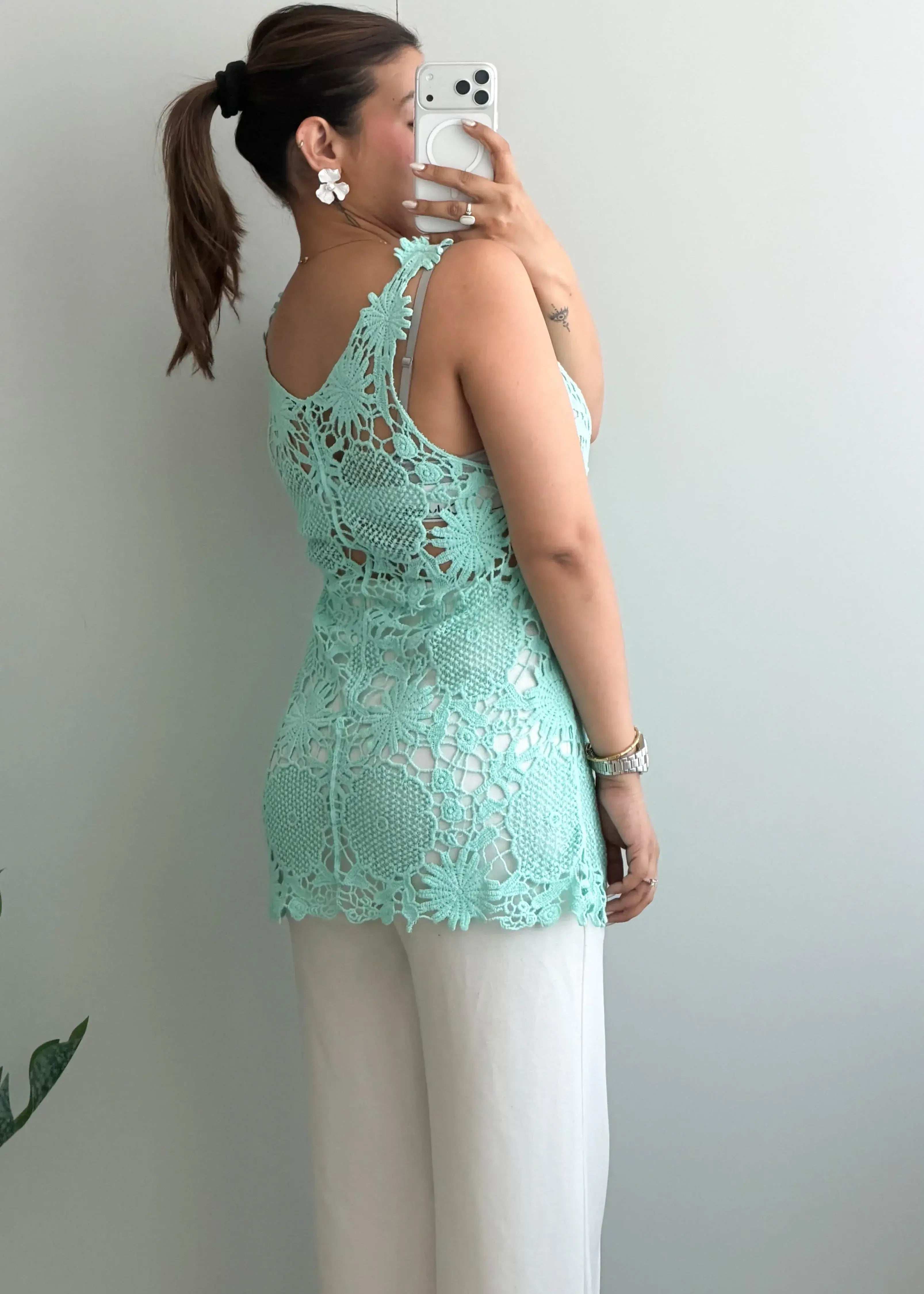 Size S-M, Mint Lace Crochet Tank Top - Closet by Payal