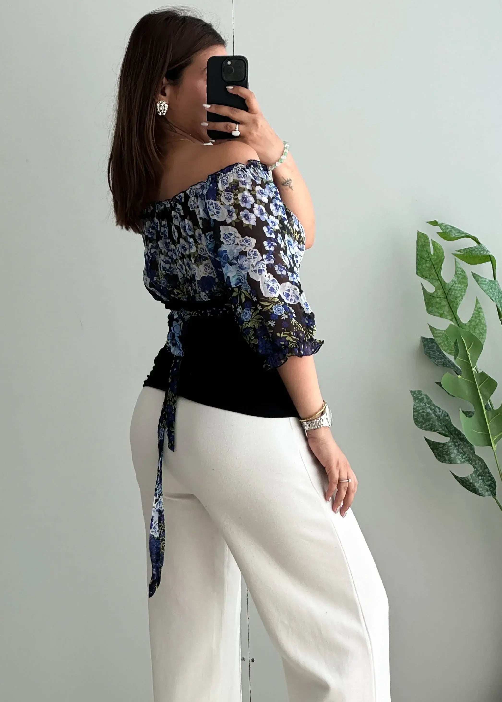 Size XS-M, Blue and Black ruffled off shoulder Printed top - Closet by Payal