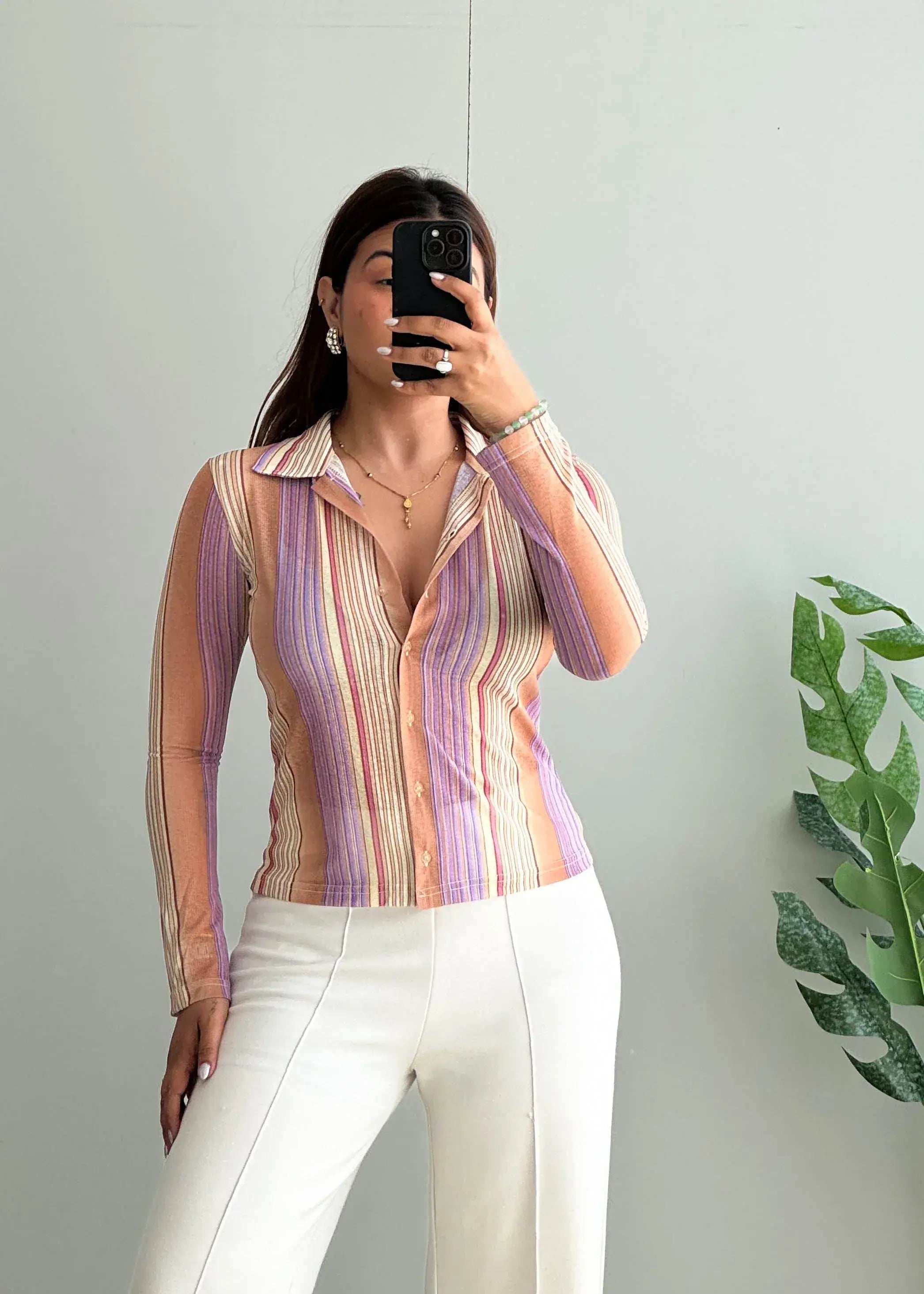 Size XS-S, Retro Striped Fitted Button-Up Top - Closet by Payal