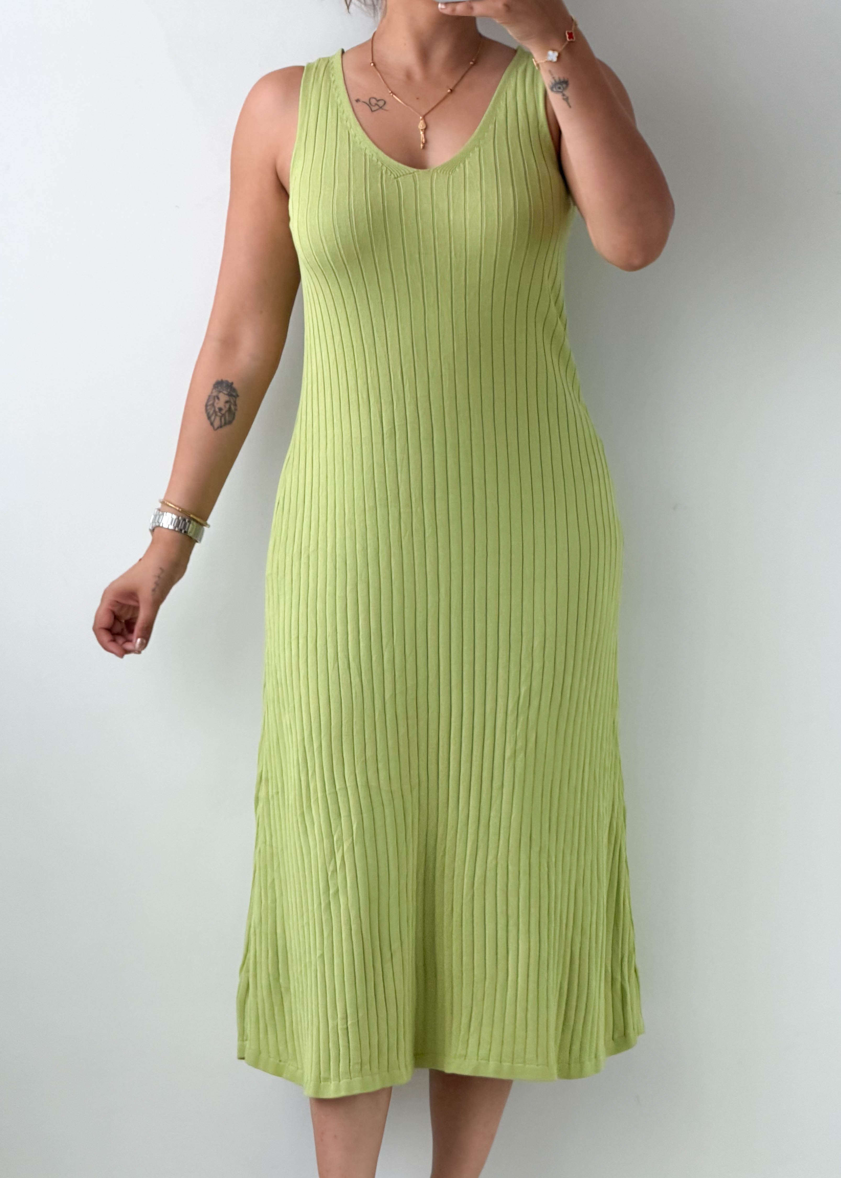 Size M-L Lime Green Ribbed Knit Midi Dress