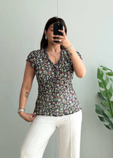 Size S-M, Y2K Floral Tie-Up Blouse with Ruffle Neckline - Closet by Payal