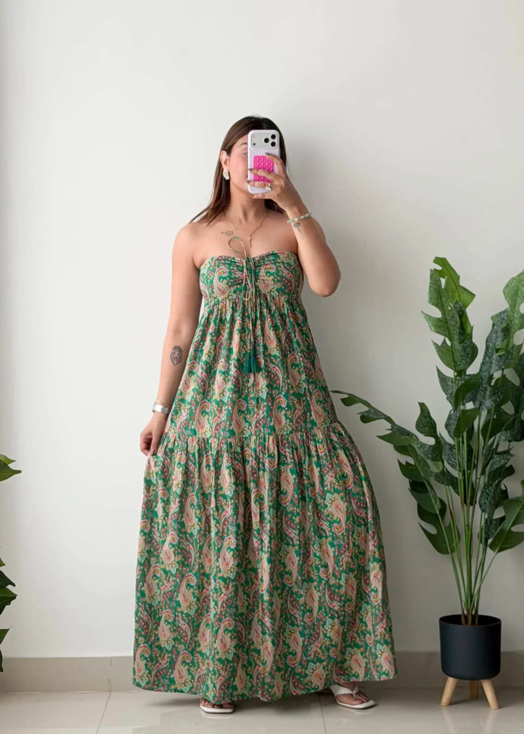 Size XS-S, Green Paisley Strapless Maxi Dress