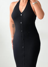 Size XS-M Black Ribbed Button-Front Midi Dress