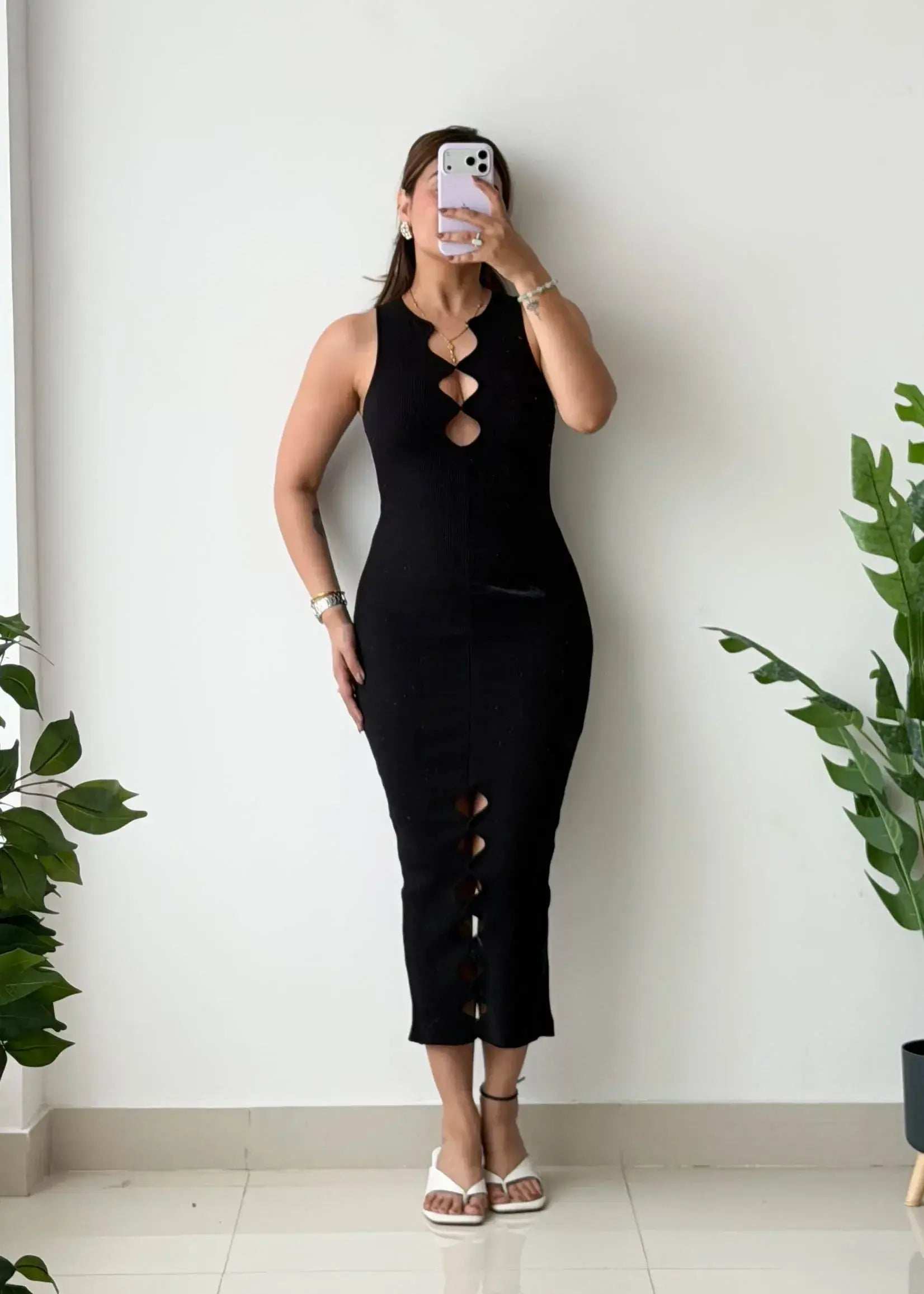 Size XS-S, Black Cut-Out Ribbed Midi Dress - Closet by Payal