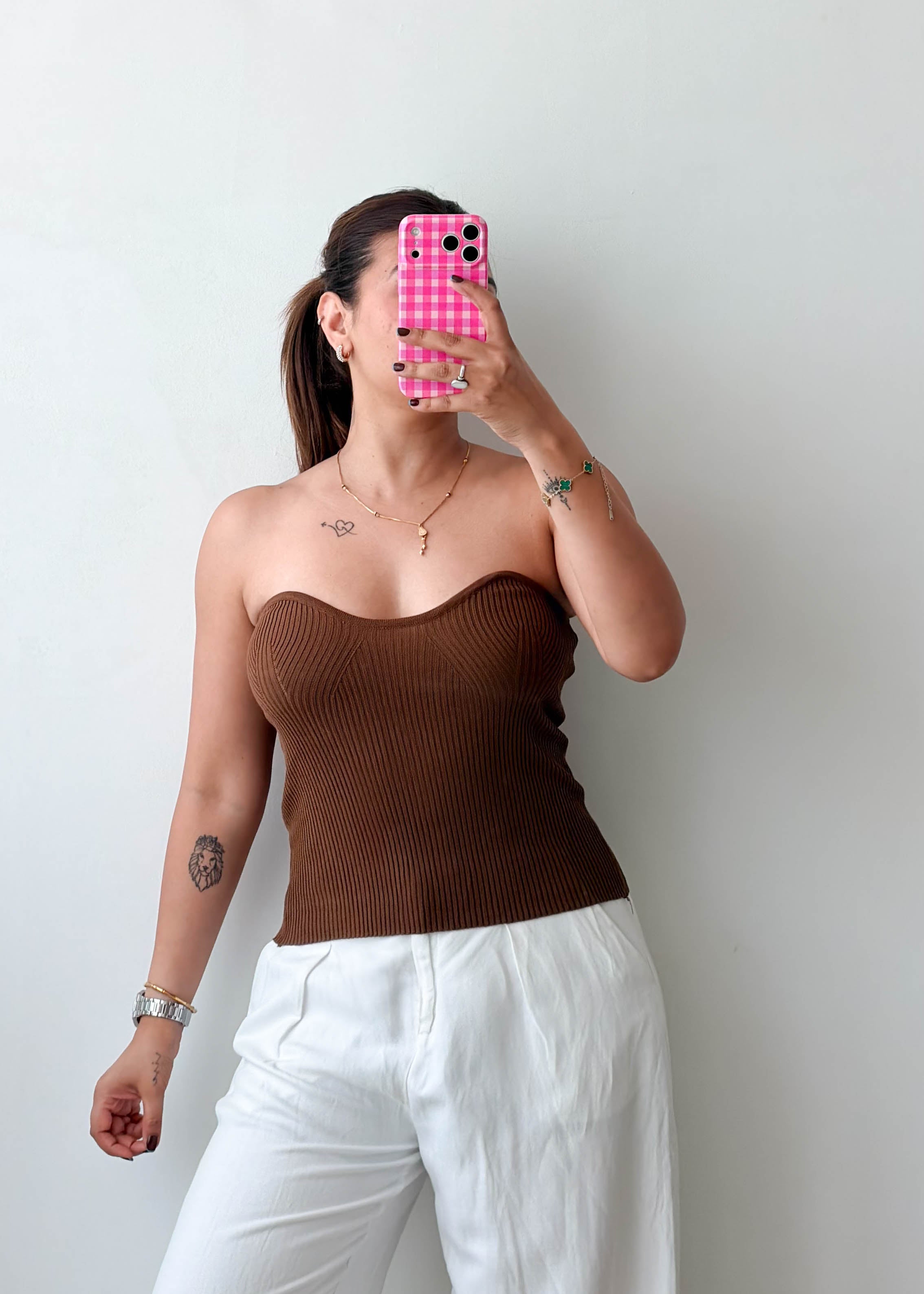 Size S-M Brown Ribbed Sweetheart Tube Top