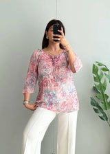 Size M-L, Printed Pink Mesh Top - Closet by Payal