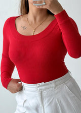 Size S-M Red Ribbed Long Sleeve Top