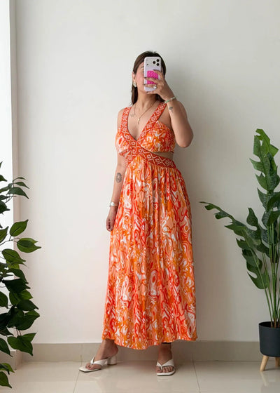 Size XS-S, Orange Abstract Print Maxi Dress