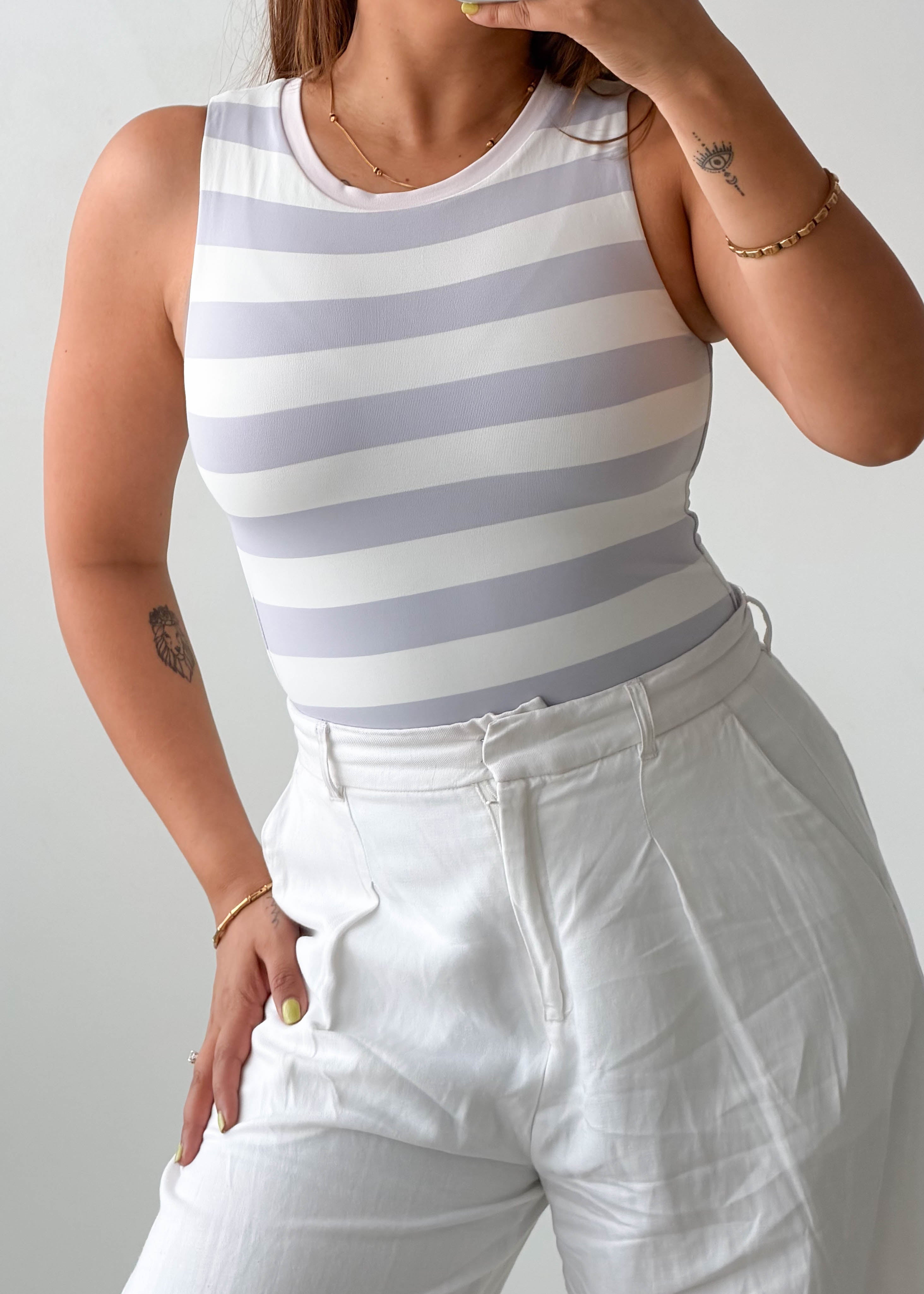 Size XS-S Grey & White Striped Tank Bodysuit
