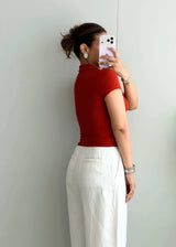 Size S-M, Red Collared Ribbed Top - Closet by Payal