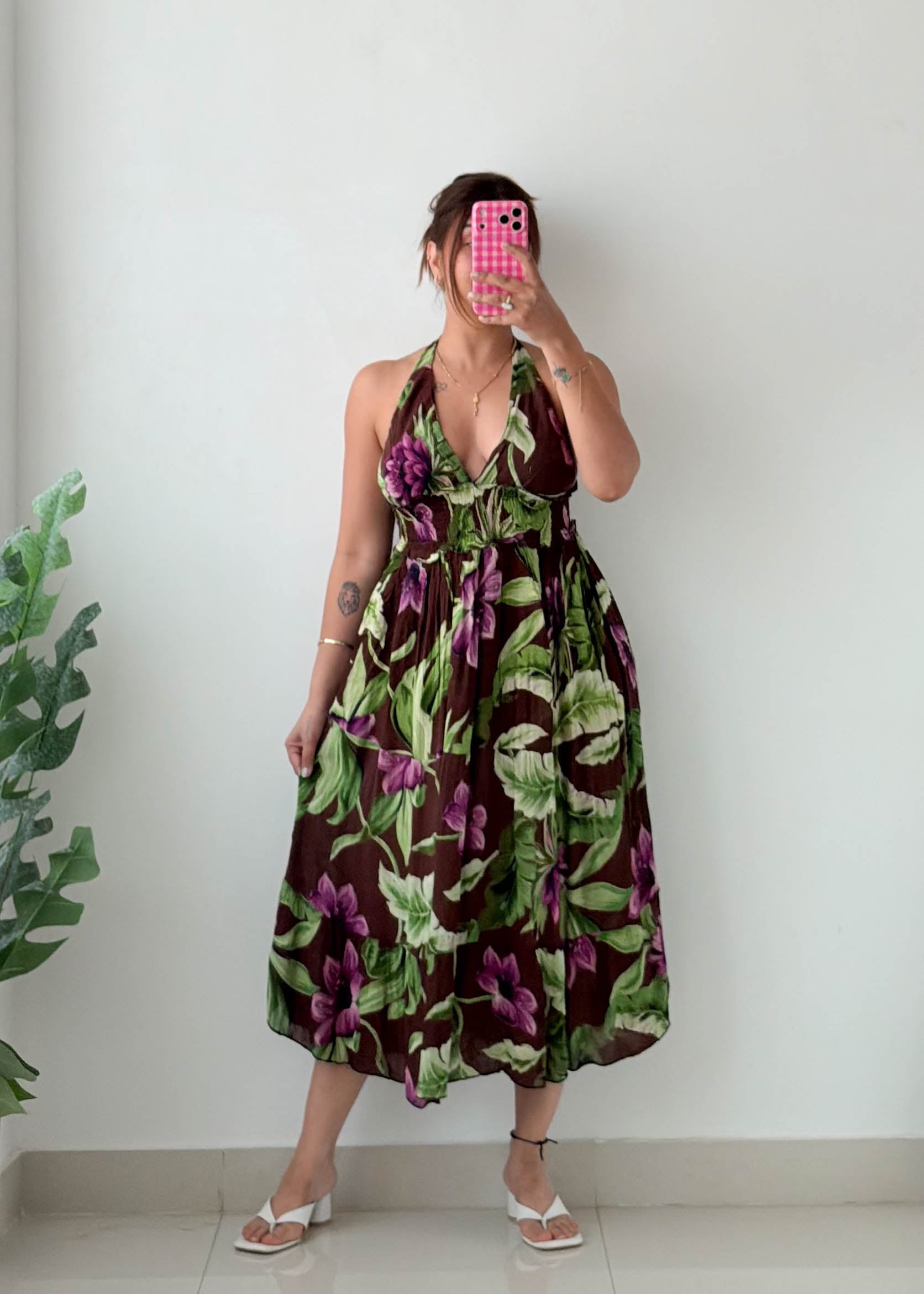 Size S-M Tropical Floral Halter Midi Dress