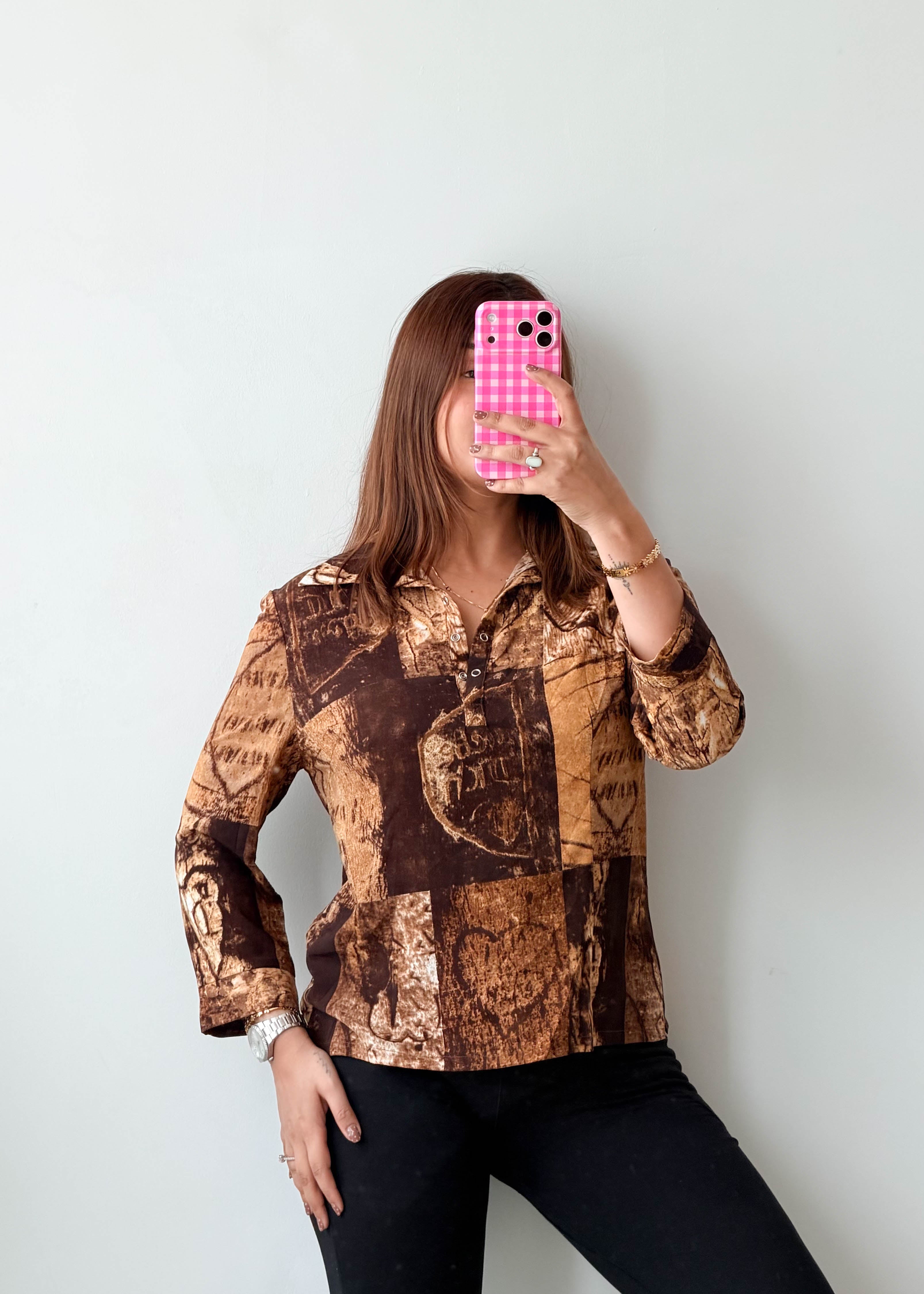 Size S-M Brown Vintage Abstract Print Shirt Top