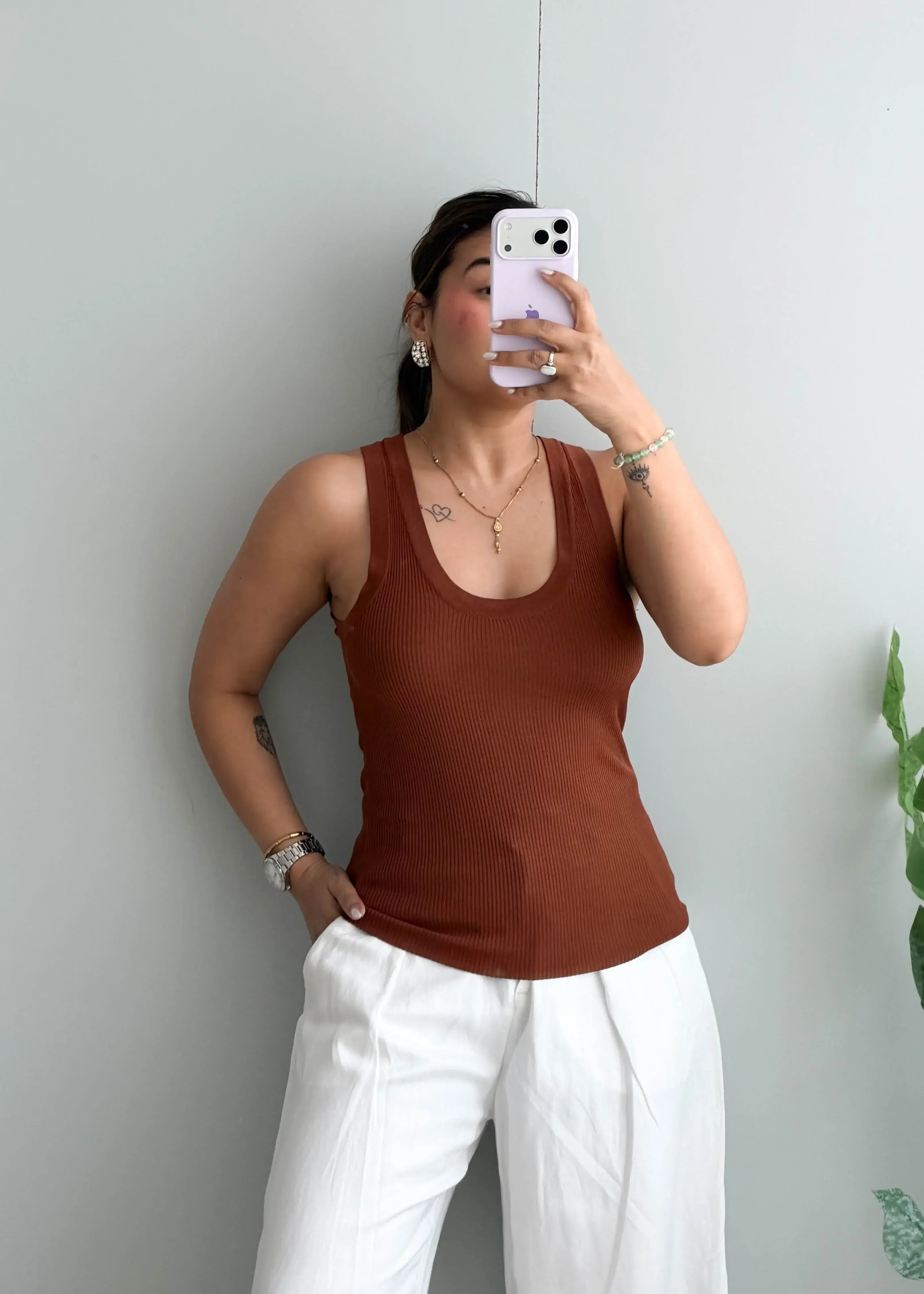 Size S-M, Brown Ribbed Sleeveless Tank Top - Closet by Payal