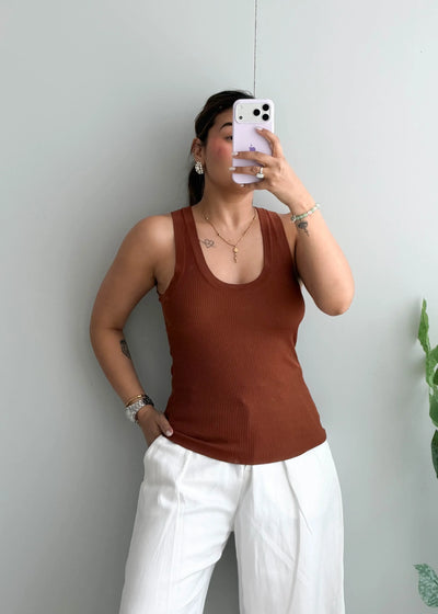 Size S-M, Brown Ribbed Sleeveless Tank Top - Closet by Payal