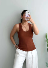 Size S-M, Brown Ribbed Sleeveless Tank Top - Closet by Payal
