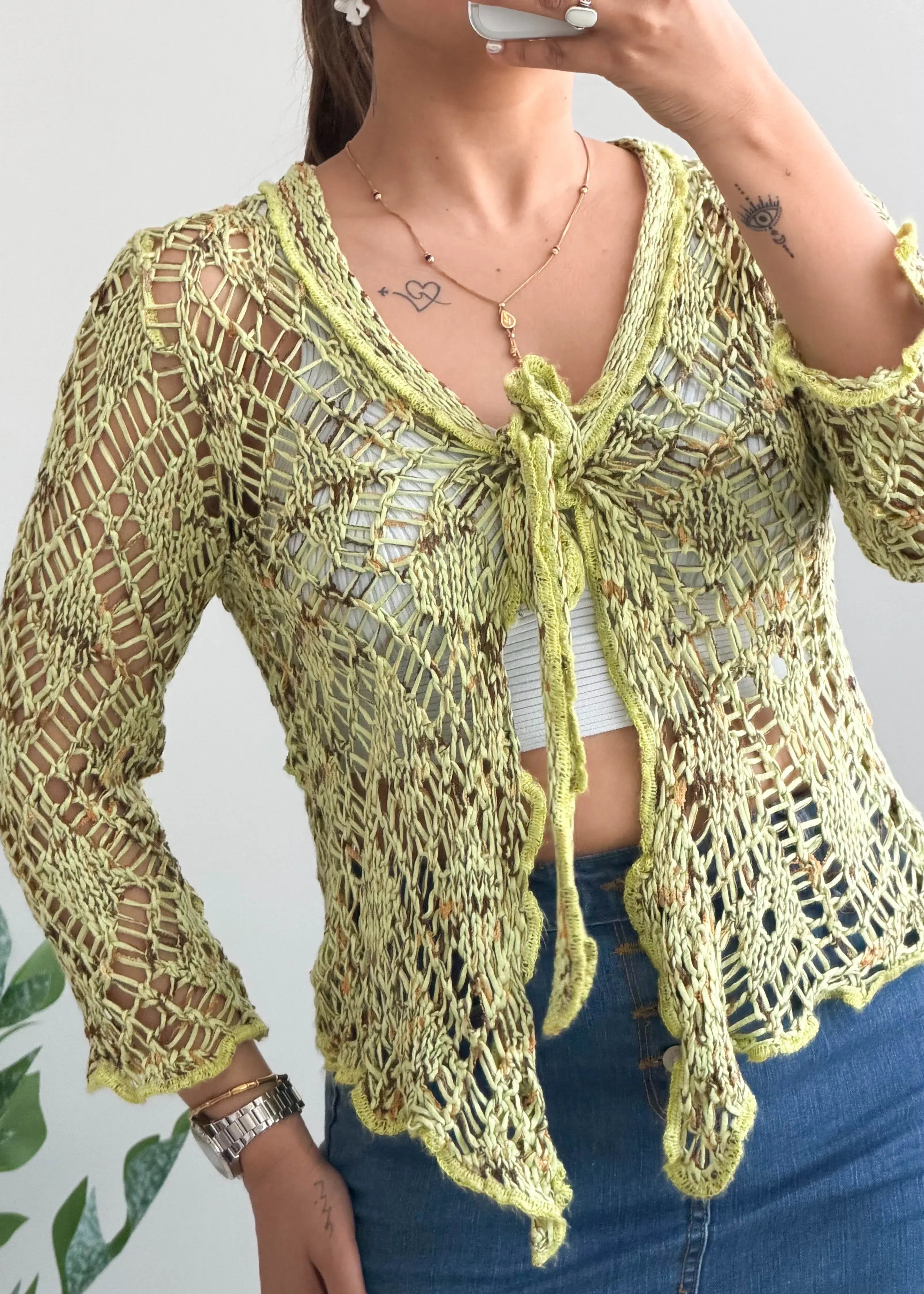 Size XS-M, Light Green Tie-Front Crochet Cardigan - Closet by Payal