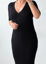 Size M-L Black Ribbed Button-Front Midi Dress