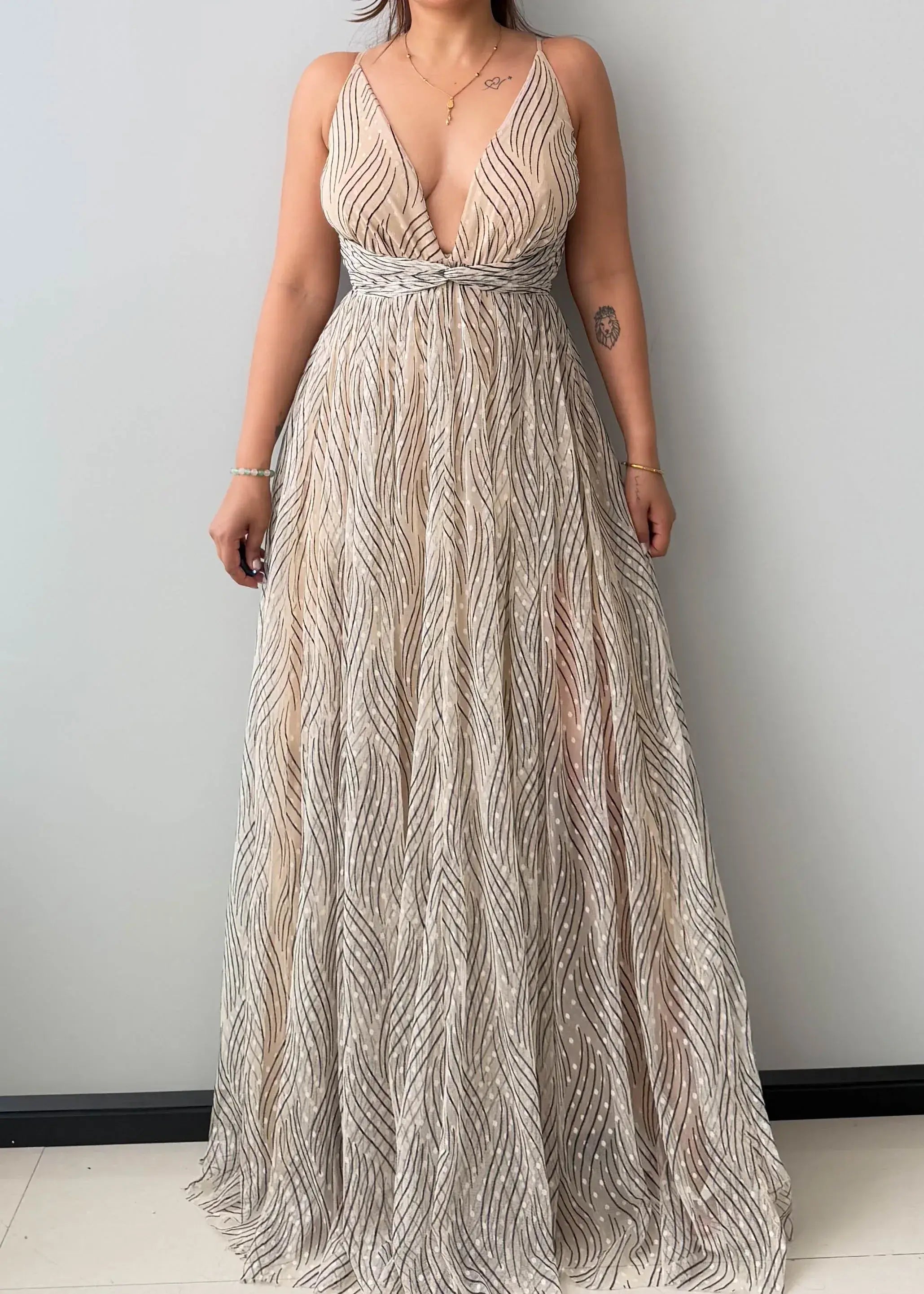 Size XS-S, Gold Plunge Neck Maxi Dress - Closet by Payal