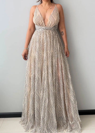 Size XS-S, Gold Plunge Neck Maxi Dress - Closet by Payal