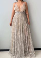 Size XS-S, Gold Plunge Neck Maxi Dress - Closet by Payal