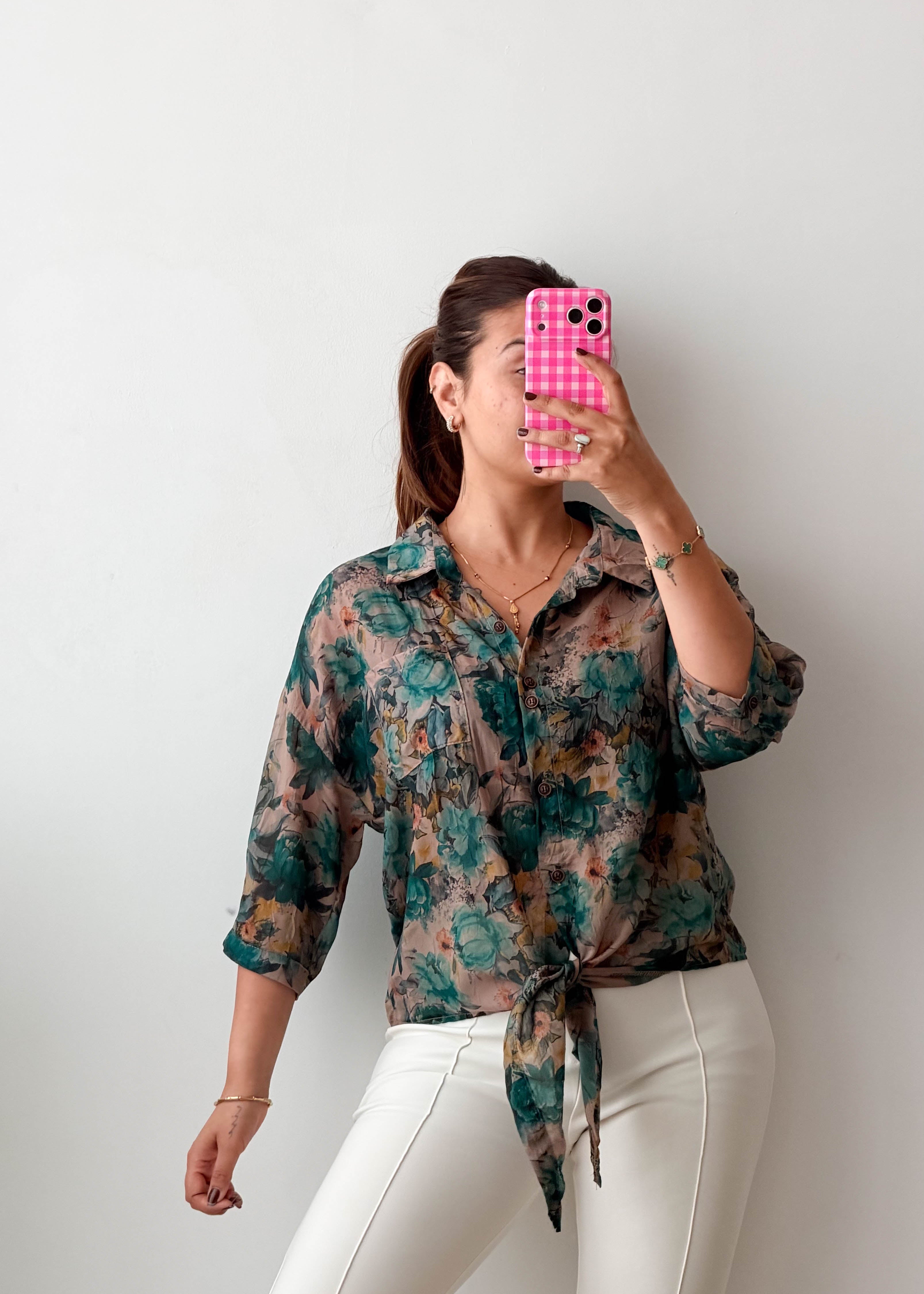 Size S-M Teal Floral Tie-Front Chiffon Shirt
