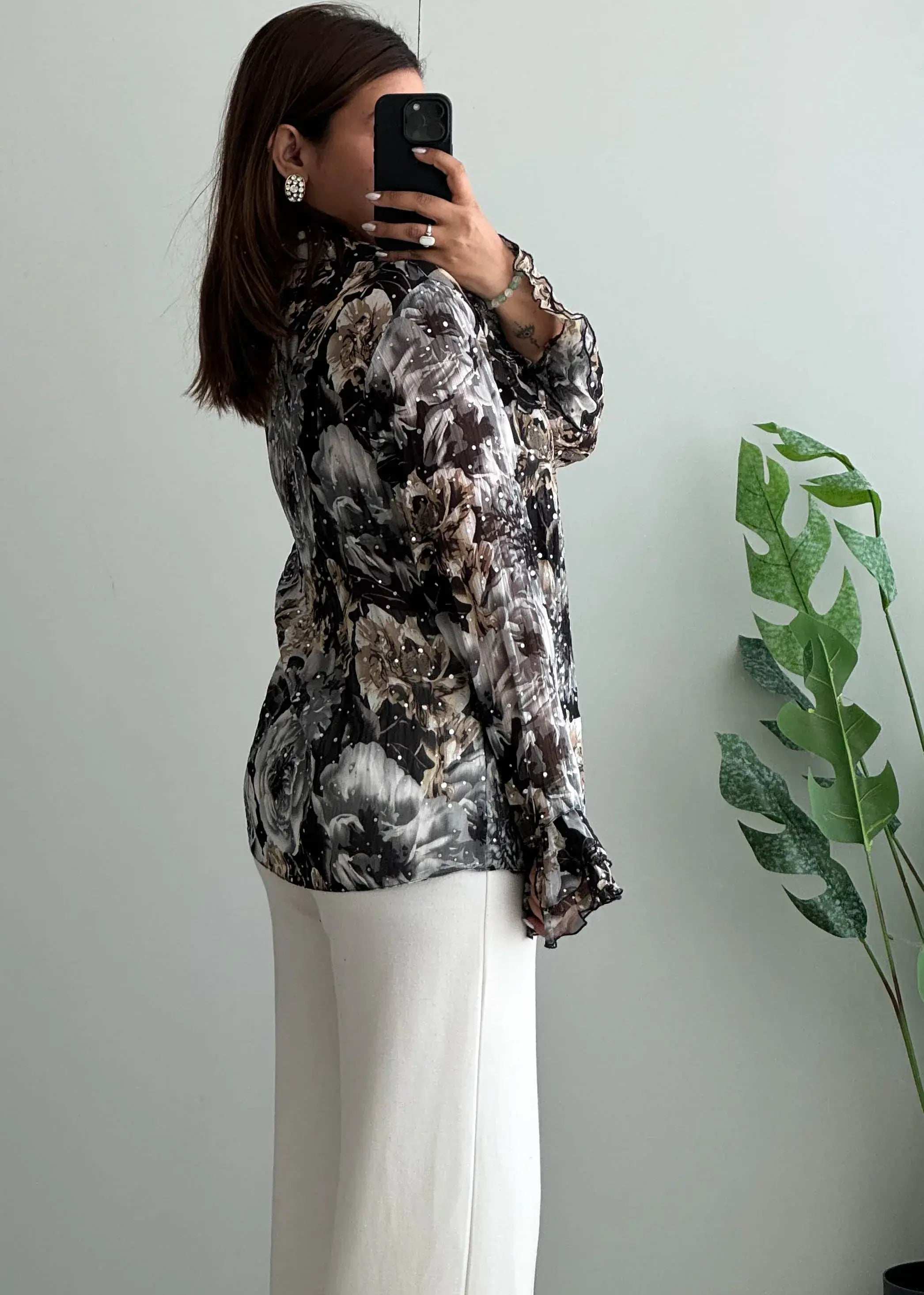 Size M-L, Black Floral Chiffon Shirt with Ruffle Sleeves - Closet by Payal
