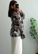 Size M-L, Black Floral Chiffon Shirt with Ruffle Sleeves - Closet by Payal