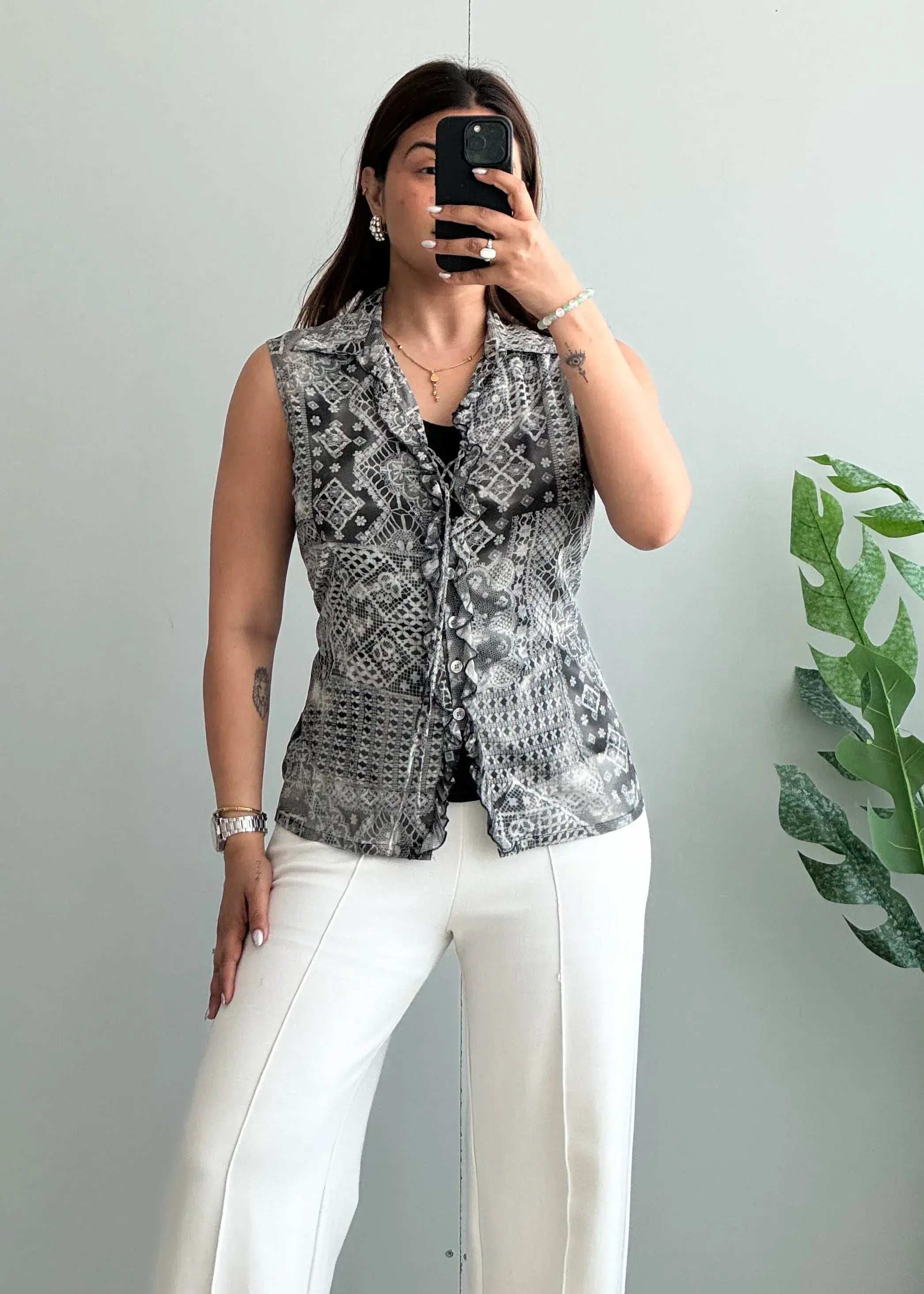 Size M-L, Sheer Lace Print Sleeveless Button Down Top with lining - Closet by Payal