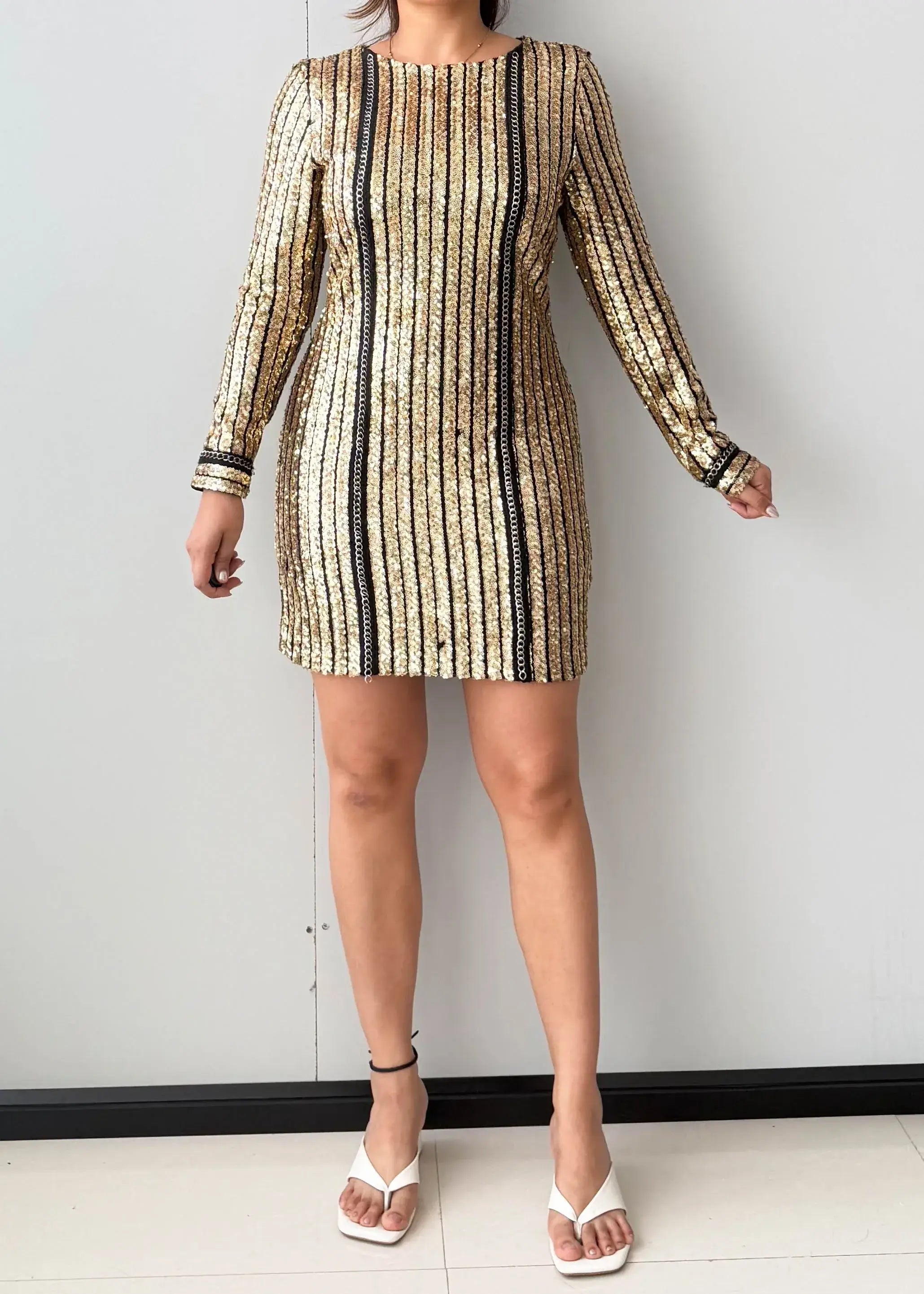Size S-M, Gold Sequin Long Sleeve Mini Dress - Closet by Payal