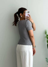 Size S-M, Grey Ribbed Half Sleeve Top - Closet by Payal