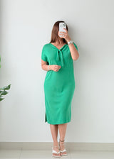 Size M-L Emerald Green Tie Neck Midi Dress
