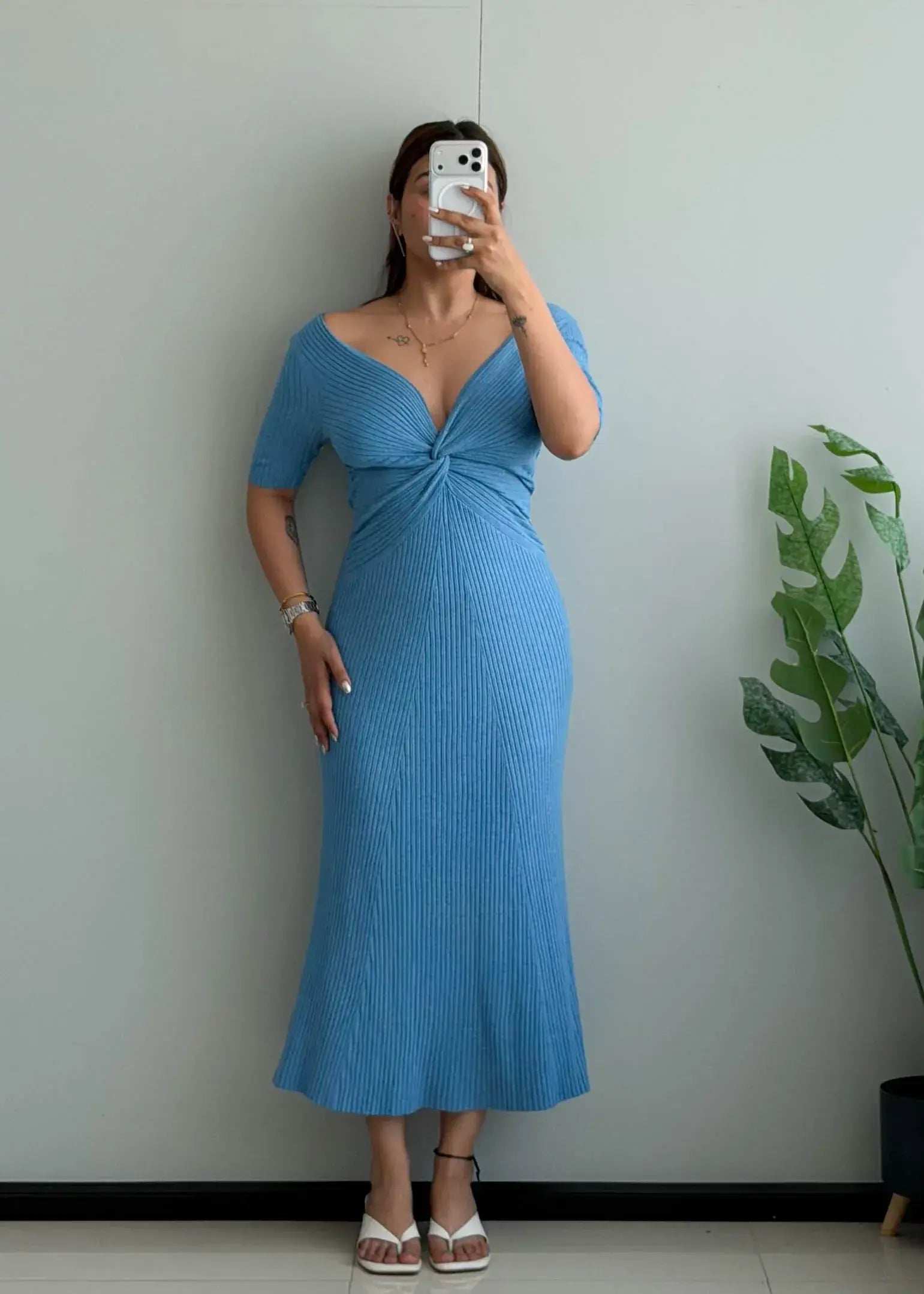 SIZE M-L, Blue Twist Front Ribbed Midi Dress - Closet by Payal