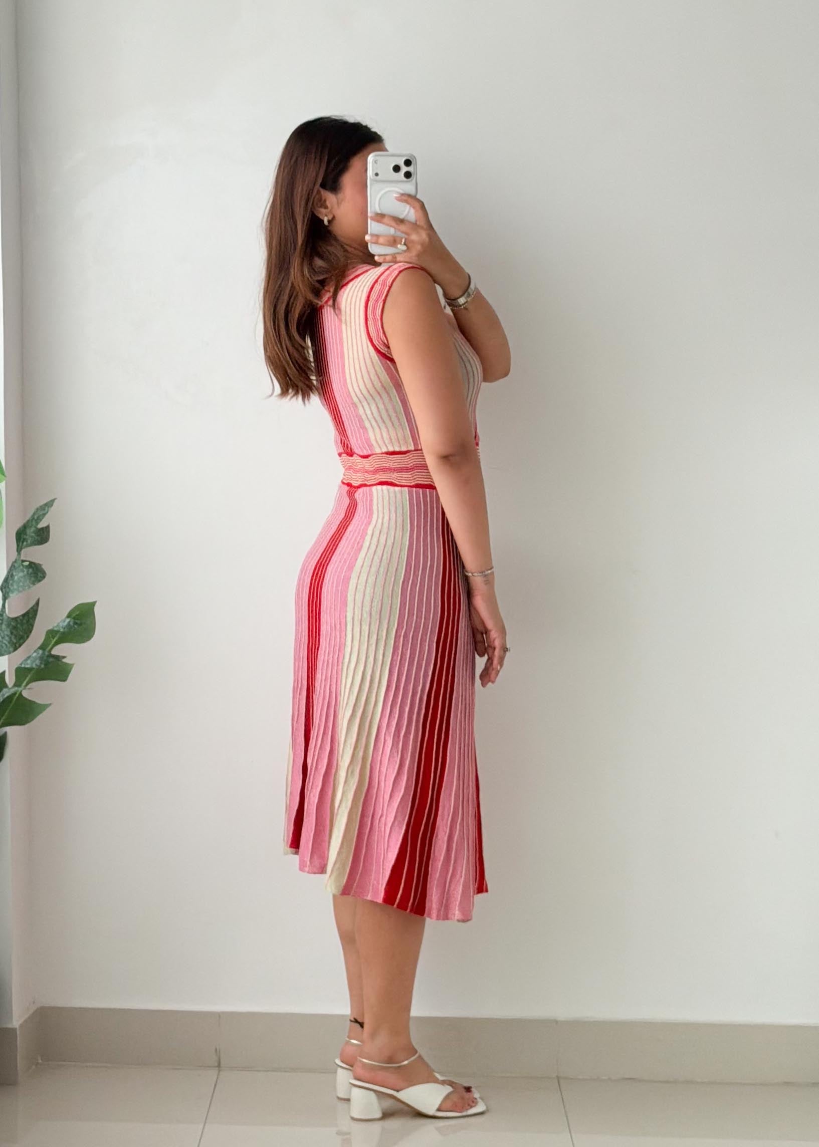 Size XS-S Pink & Red Striped Knit Midi Dress
