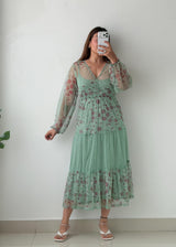 Size XL-2XL Mint Floral Mesh Maxi Dress