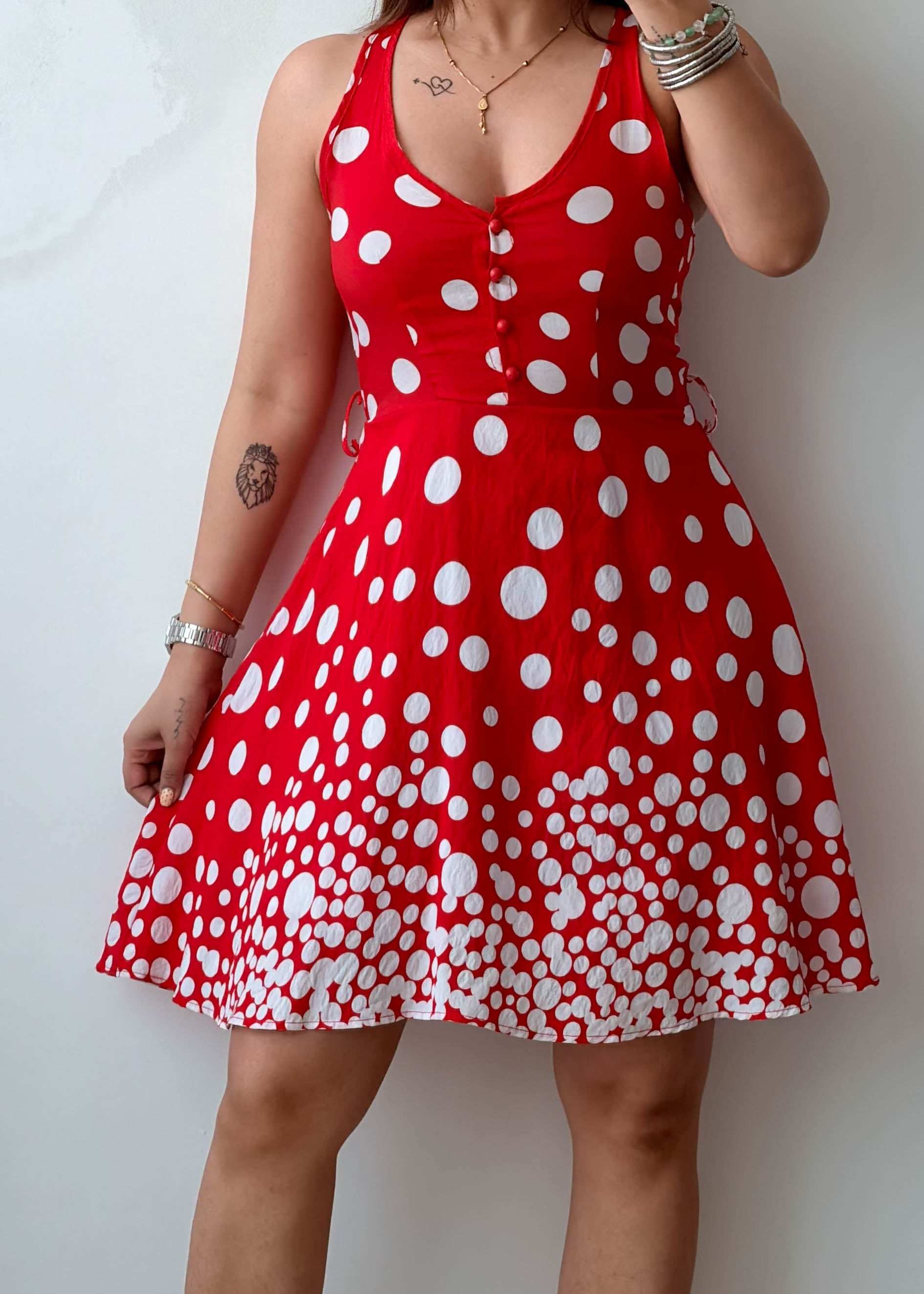 Size XS-S Cotton Red Polka Dot Mini Dress