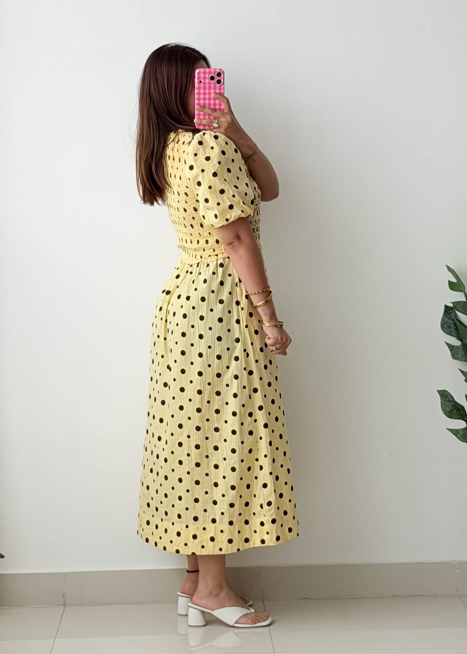 Size L-XL Yellow Polka Dot Midi Dress