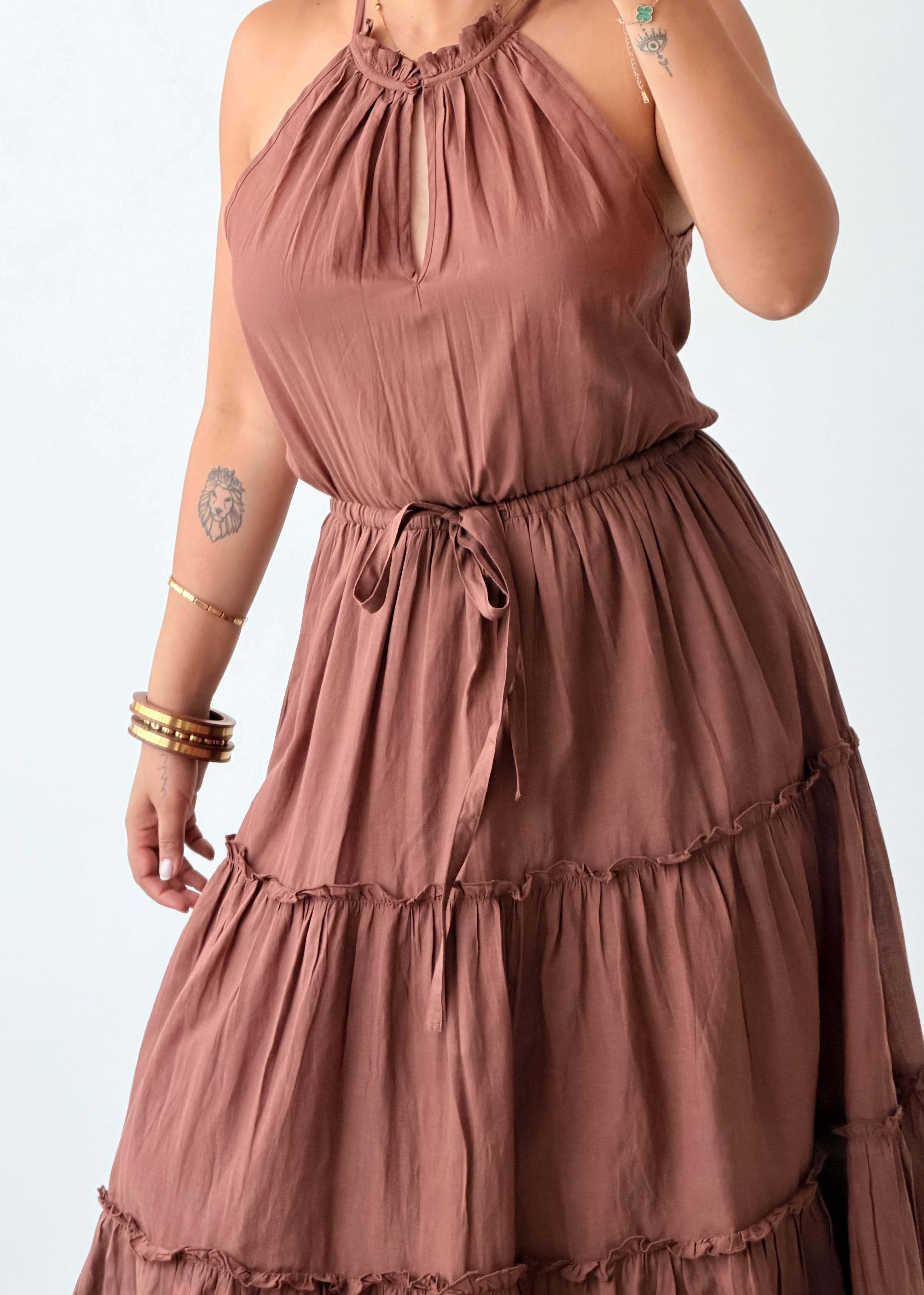 Size M-L Mocha Tiered Halter Midi Dress