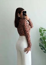 Size XS-S, Long Sleeve Deep V Padded Animal Print Crop Top - Closet by Payal