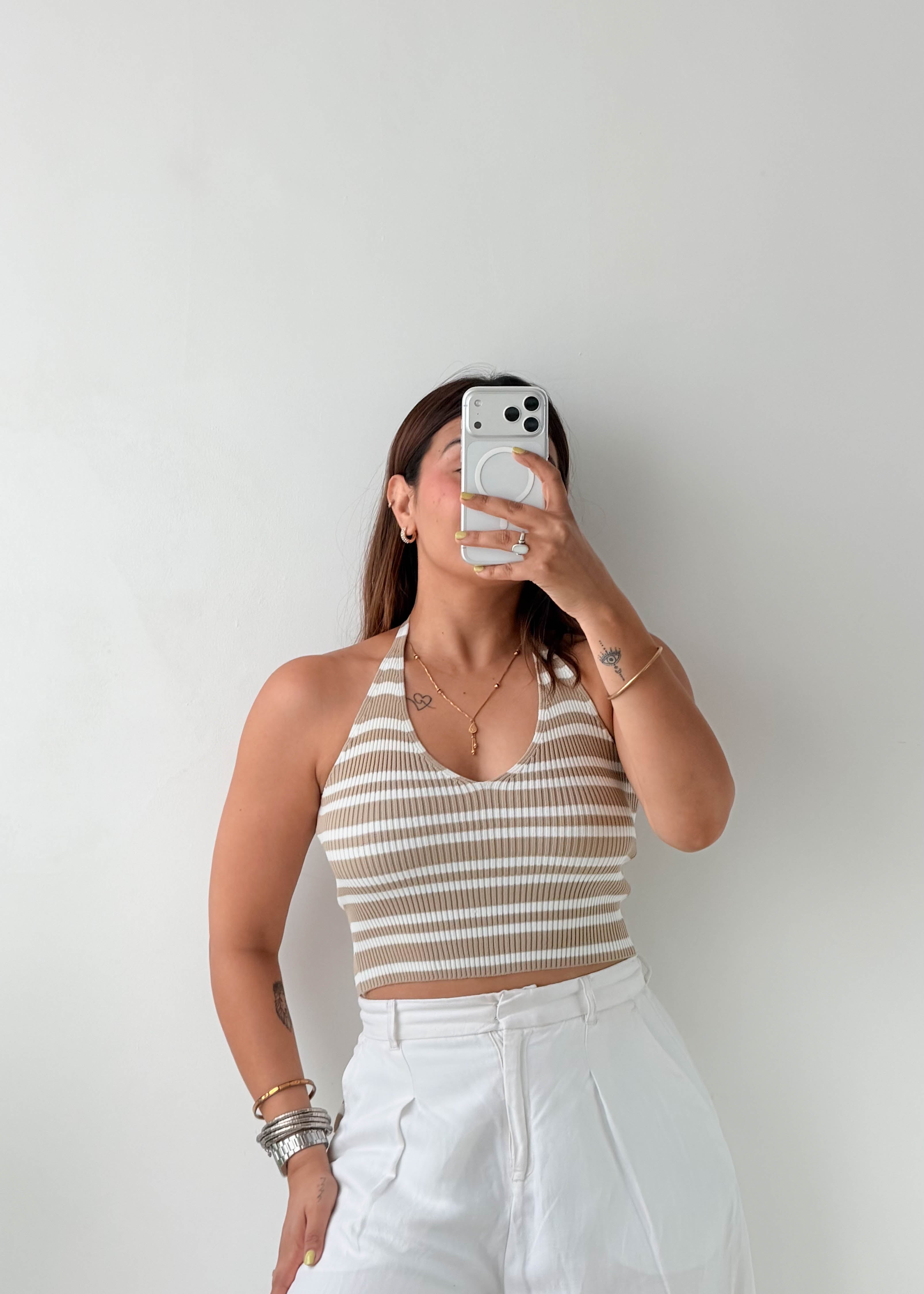 Size S-M Beige Striped Halter Knit Top