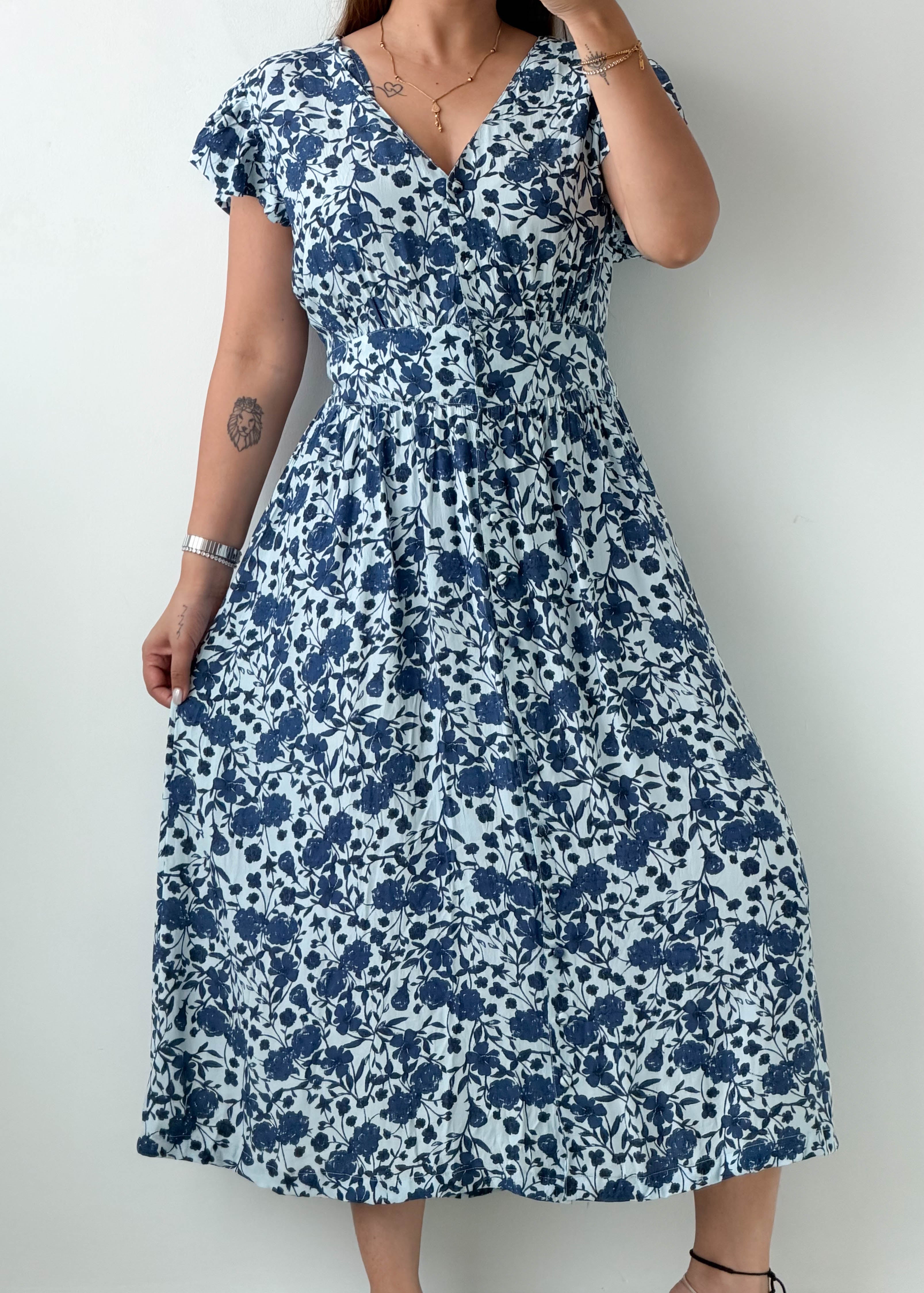 Size L-XL Blue Floral Printed Midi Dress