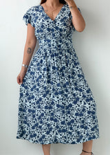 Size L-XL Blue Floral Printed Midi Dress