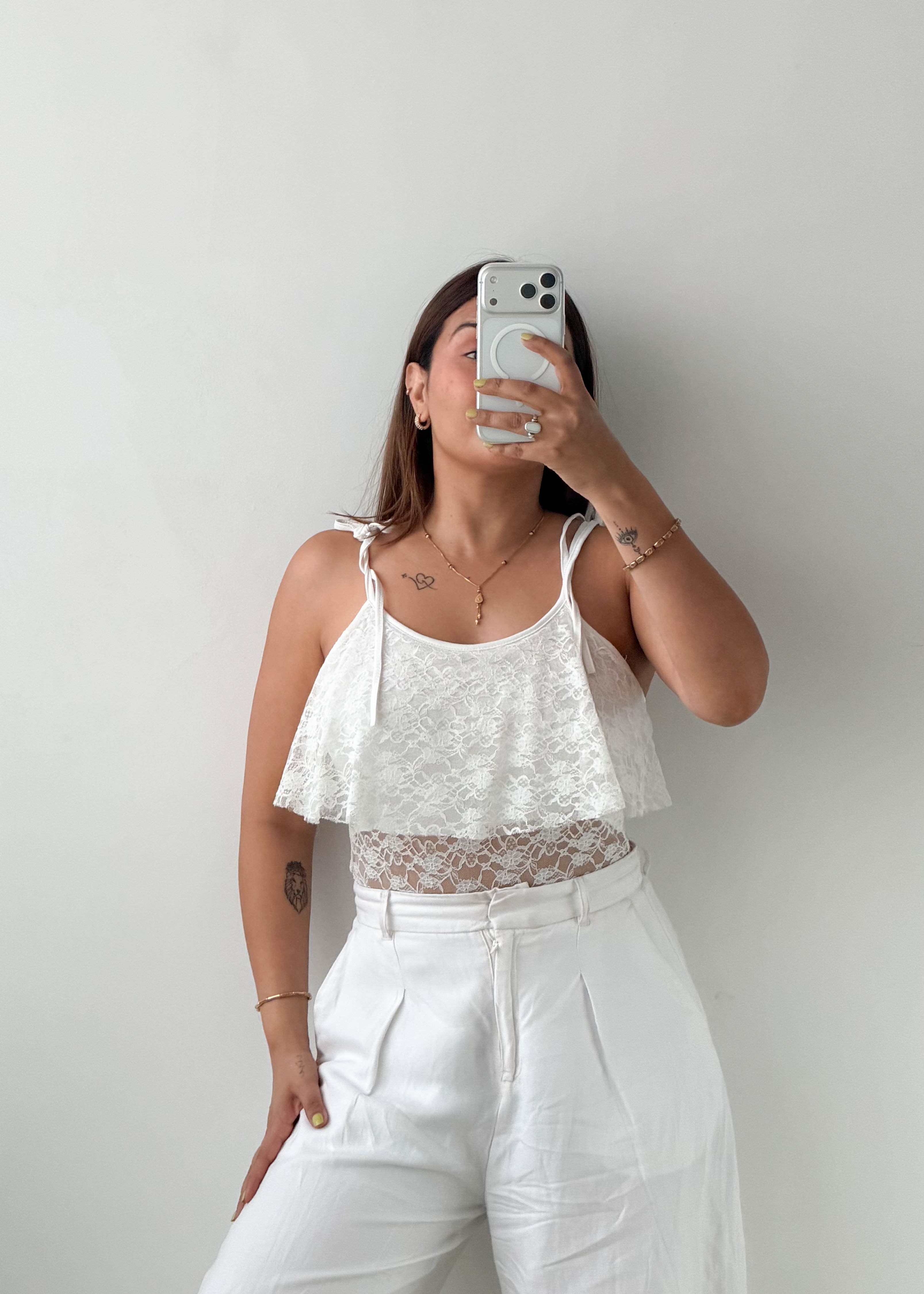 Size S-M White Lace Layered Cami Bodysuit
