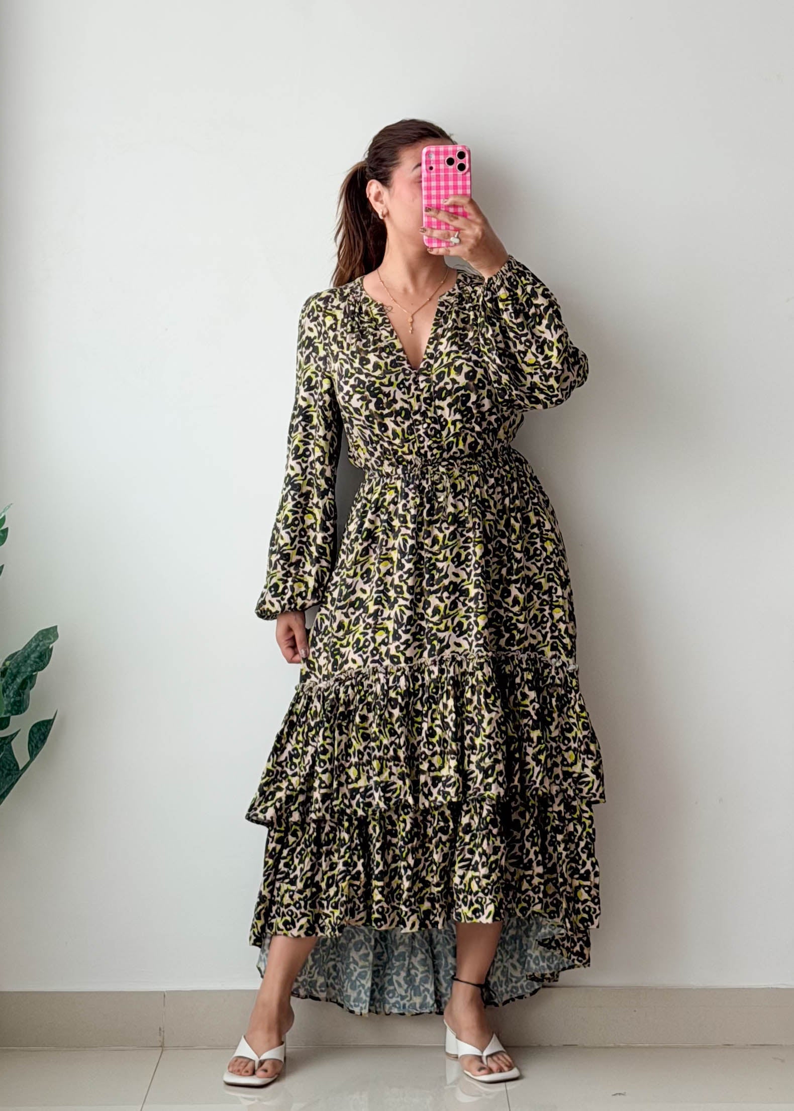 Size S-M Olive Leopard Print Tiered Maxi Dress
